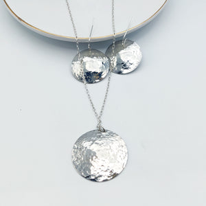 Hammered Textured Domed Circle Sterling Silver Earrings & Necklace Set HJ-001