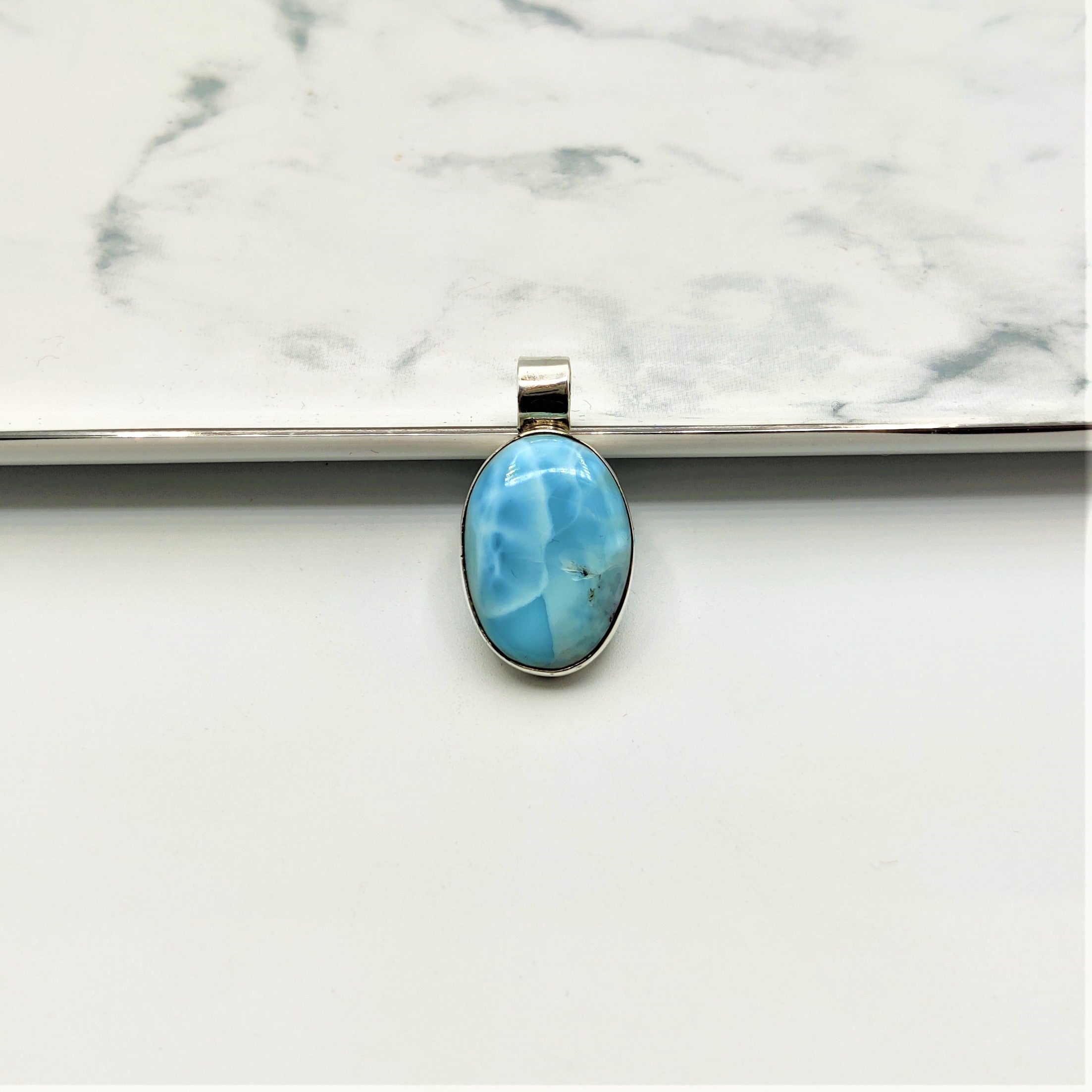 Larimar Sterling Silver Pendant On Handmade Byzantine Chain