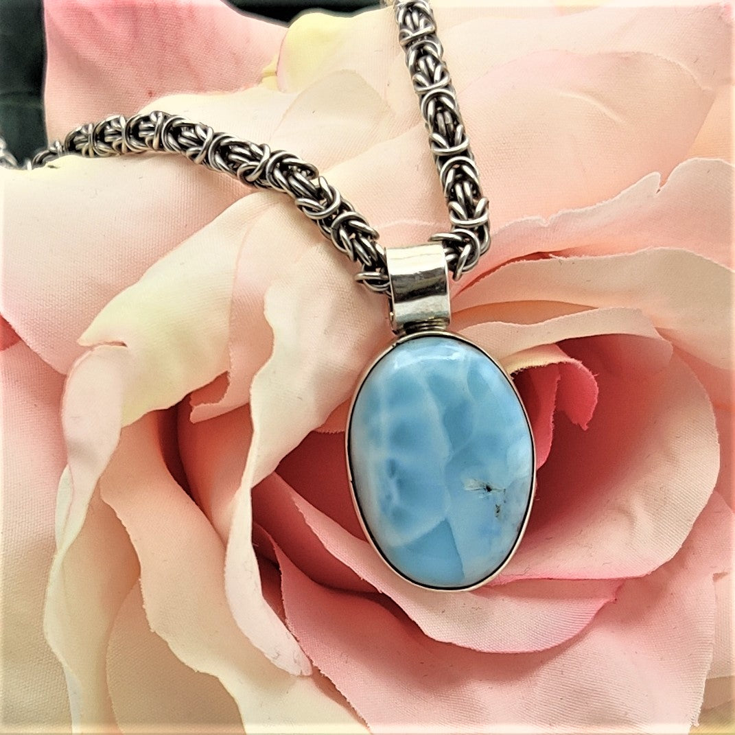 Larimar Sterling Silver Pendant On Handmade Byzantine Chain