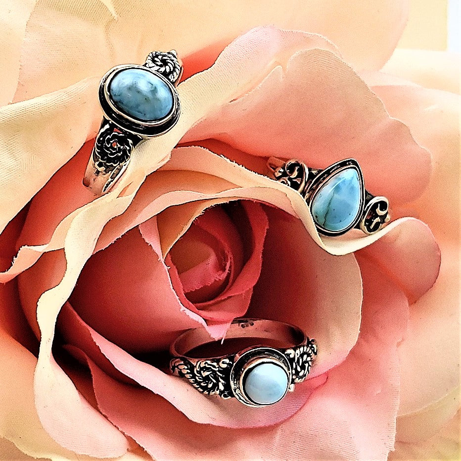 Larimar Sterling Silver Rings with Twisted Wire Accents