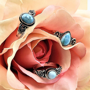 Larimar Sterling Silver Rings with Twisted Wire Accents