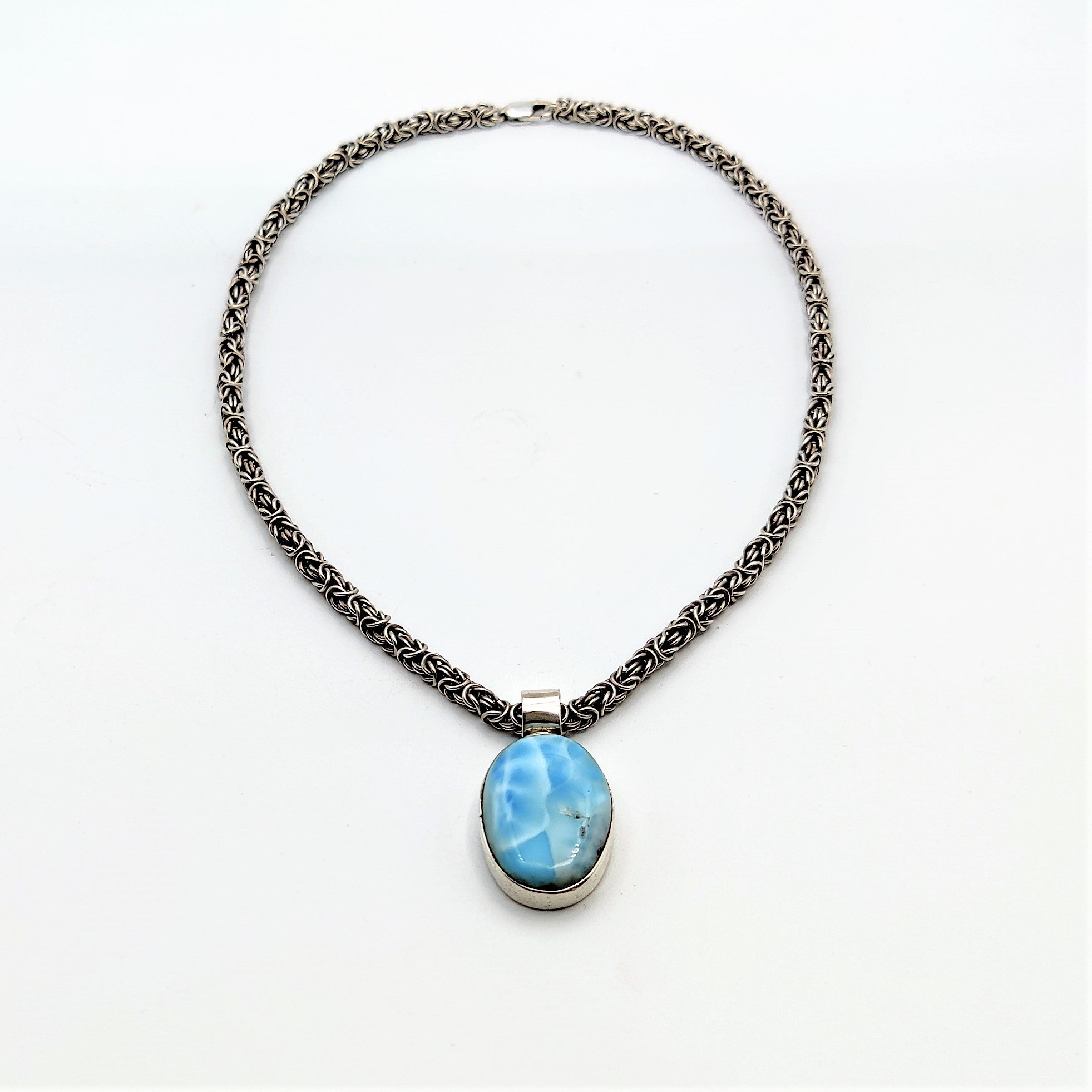 Larimar Sterling Silver Pendant On Handmade Byzantine Chain