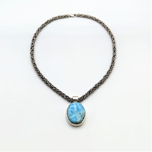 Larimar Sterling Silver Pendant On Handmade Byzantine Chain